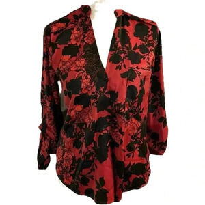 Guess Los Angeles Red and Black Floral Silky Top XS